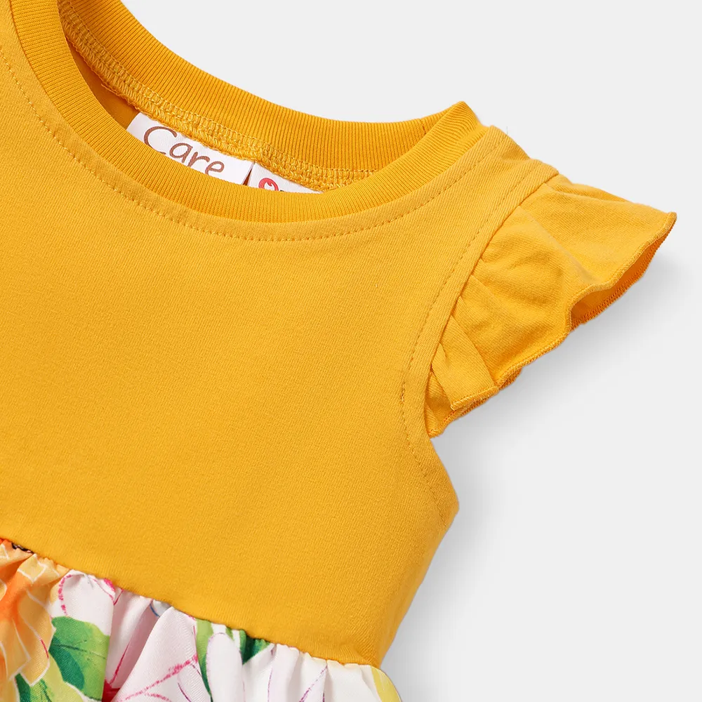 Care Bears 2pcs Baby Girl Solid & Print Spliced Flutter-sleeve Dress with Crossbody Bag Set  big image 4