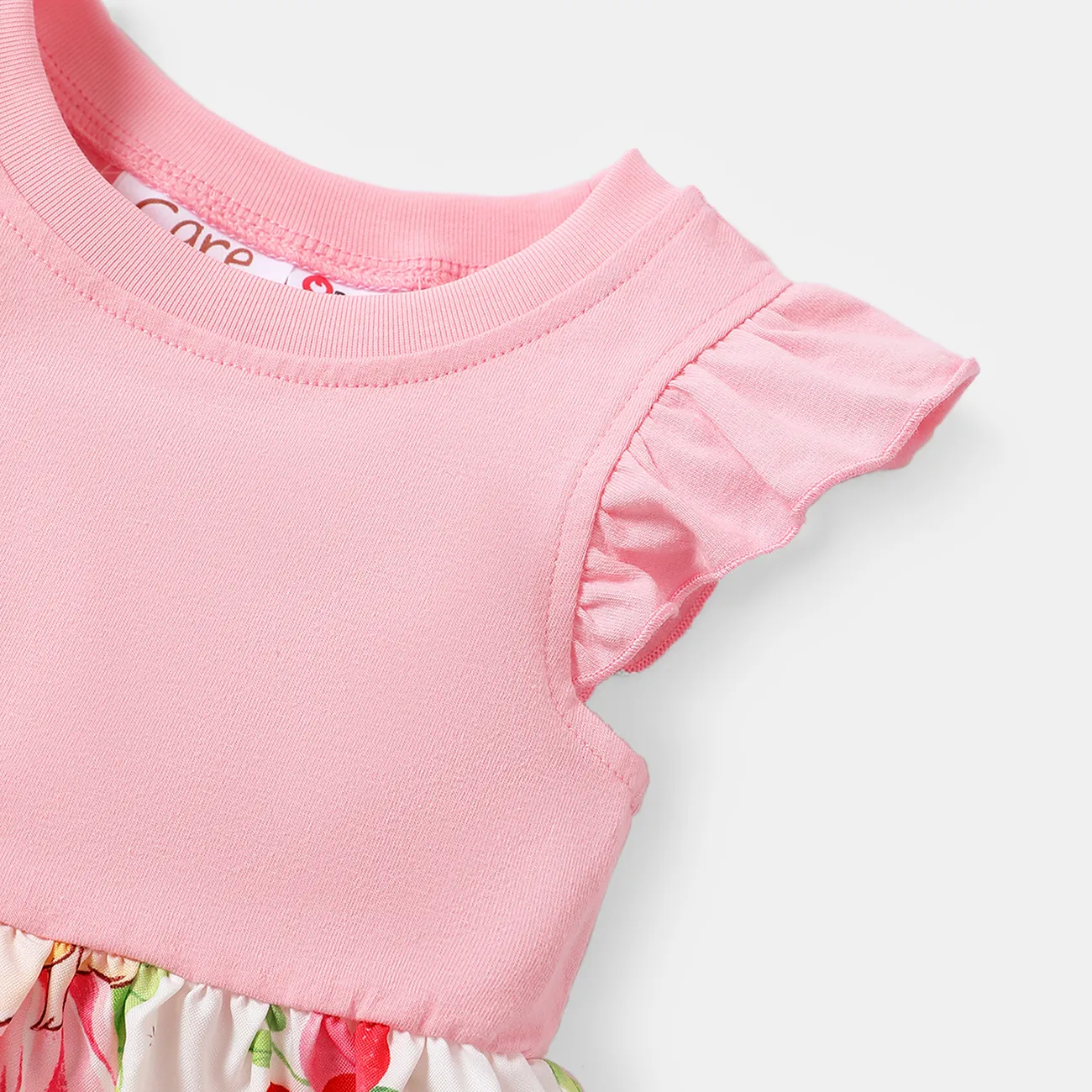 Care Bears 2pcs Baby Girl Solid & Print Spliced Flutter-sleeve Dress with Crossbody Bag Set Pink big image 1