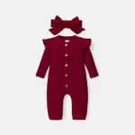 2pcs Baby Girl Solid Cotton Ribbed Ruffle Long-sleeve Button Front Jumpsuit with Headband Set WineRed