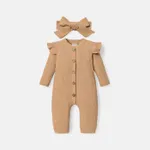 2pcs Baby Girl Solid Cotton Ribbed Ruffle Long-sleeve Button Front Jumpsuit with Headband Set Coffee