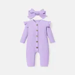 2pcs Baby Girl Solid Cotton Ribbed Ruffle Long-sleeve Button Front Jumpsuit with Headband Set Purple