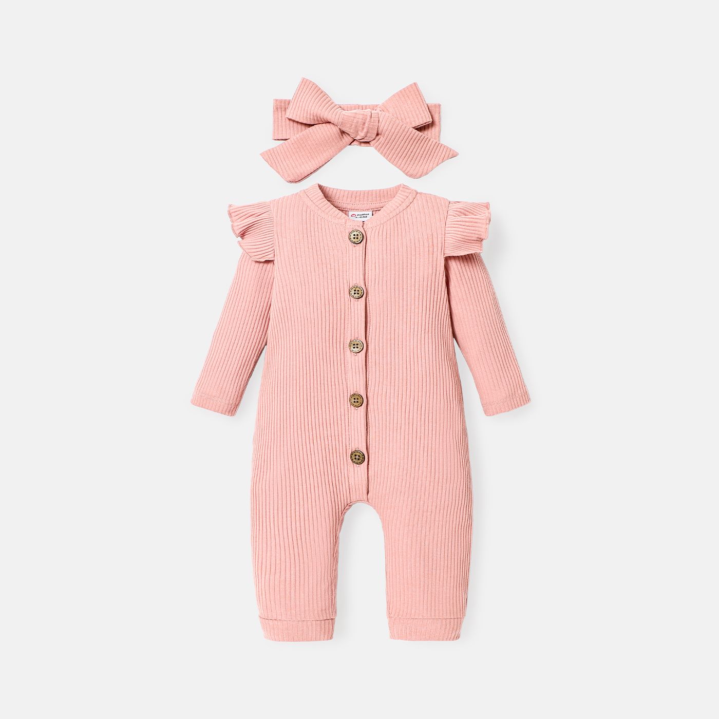 

2pcs Baby Girl Solid Cotton Ribbed Ruffle Long-sleeve Button Front Jumpsuit with Headband Set