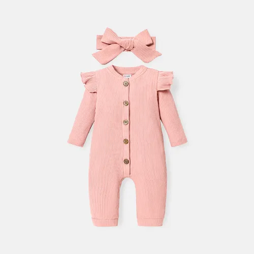 2pcs Baby Girl Solid Cotton Ribbed Ruffle Long-sleeve Button Front Jumpsuit with Headband Set