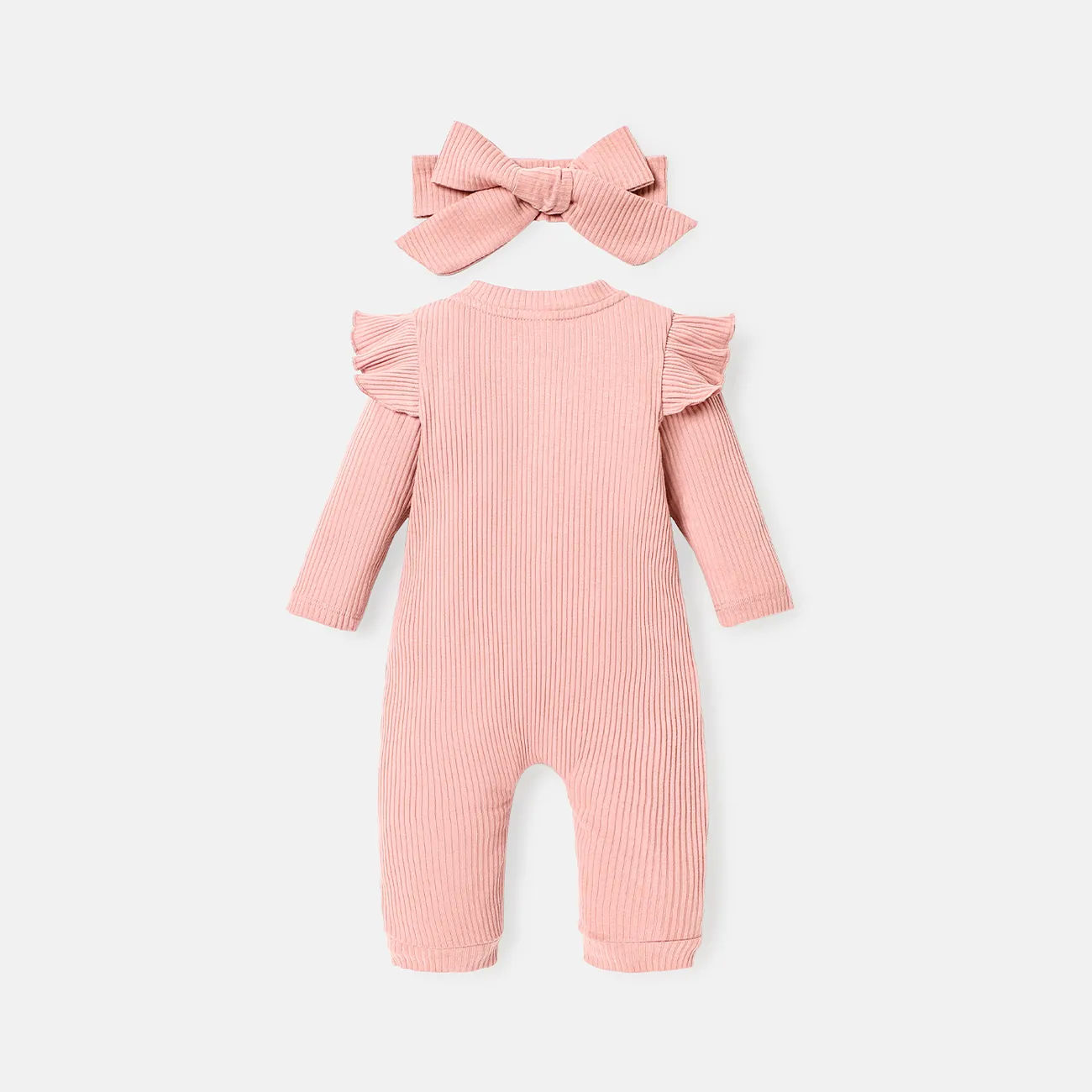 2pcs Baby Girl Solid Cotton Ribbed Ruffle Long-sleeve Button Front Jumpsuit with Headband Set Pink big image 1