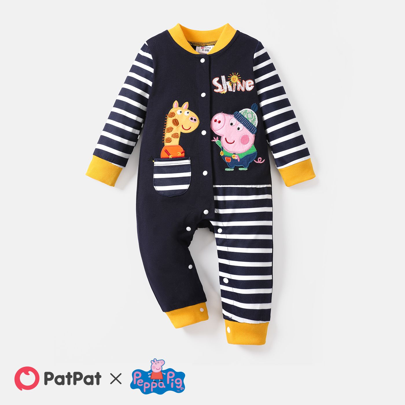 

Peppa Pig Baby Boy/Girl Letter & Animal Embroidered Striped Long-sleeve Button Jumpsuit