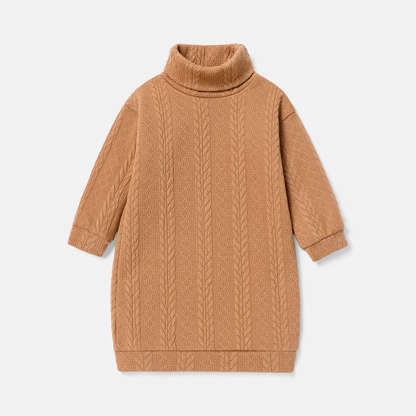 Toddler Girl Solid Color Cable Knit Textured Turtleneck Sweater Dress  big image 1