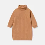 Toddler Girl Solid Color Cable Knit Textured Turtleneck Sweater Dress Khaki