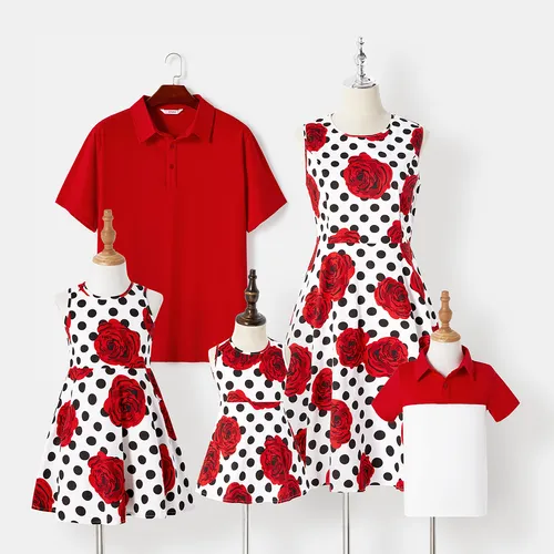 Family Matching Allover Red Rose Floral & Dots Print Tank Dresses and Short-sleeve Polo Shirts Sets