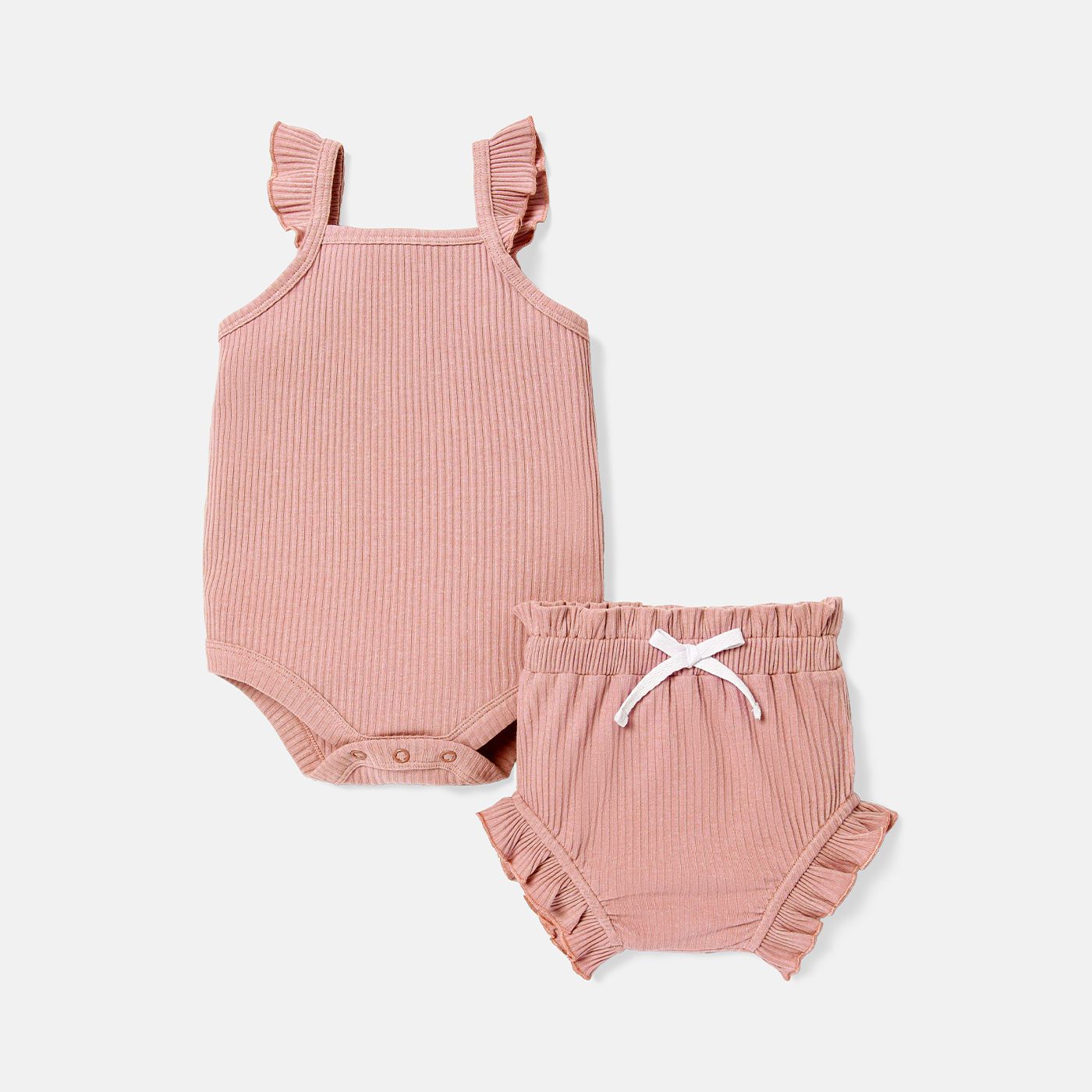 

2pcs Baby Girl Solid Cotton Ribbed Flutter-sleeve Romper and Ruffle Trim Shorts Set