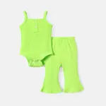 2pcs Baby Girl Solid Cotton Ribbed Cami Romper and Flared Pants Set Light Green