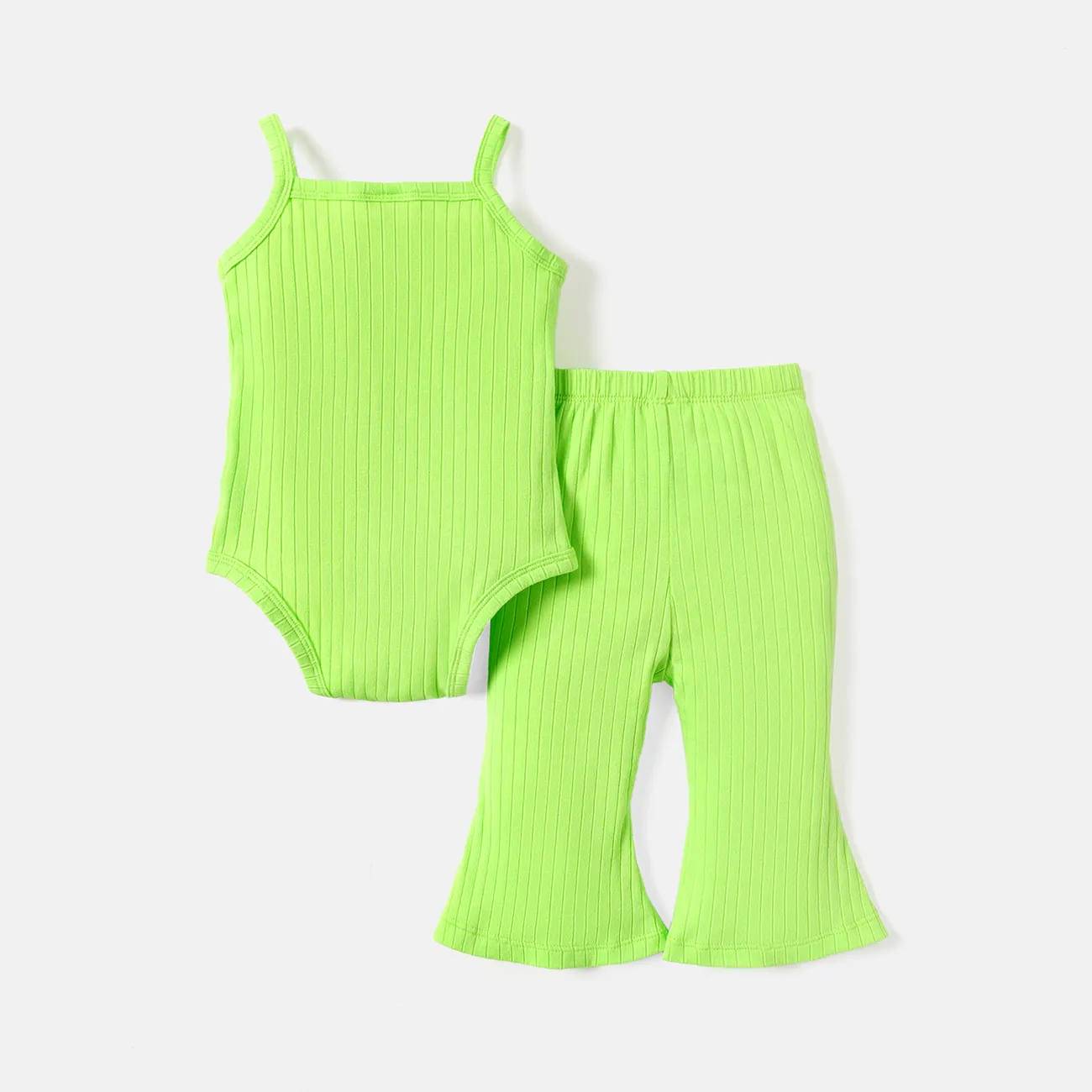 2pcs Baby Girl Solid Cotton Ribbed Cami Romper and Flared Pants Set Light Green big image 1