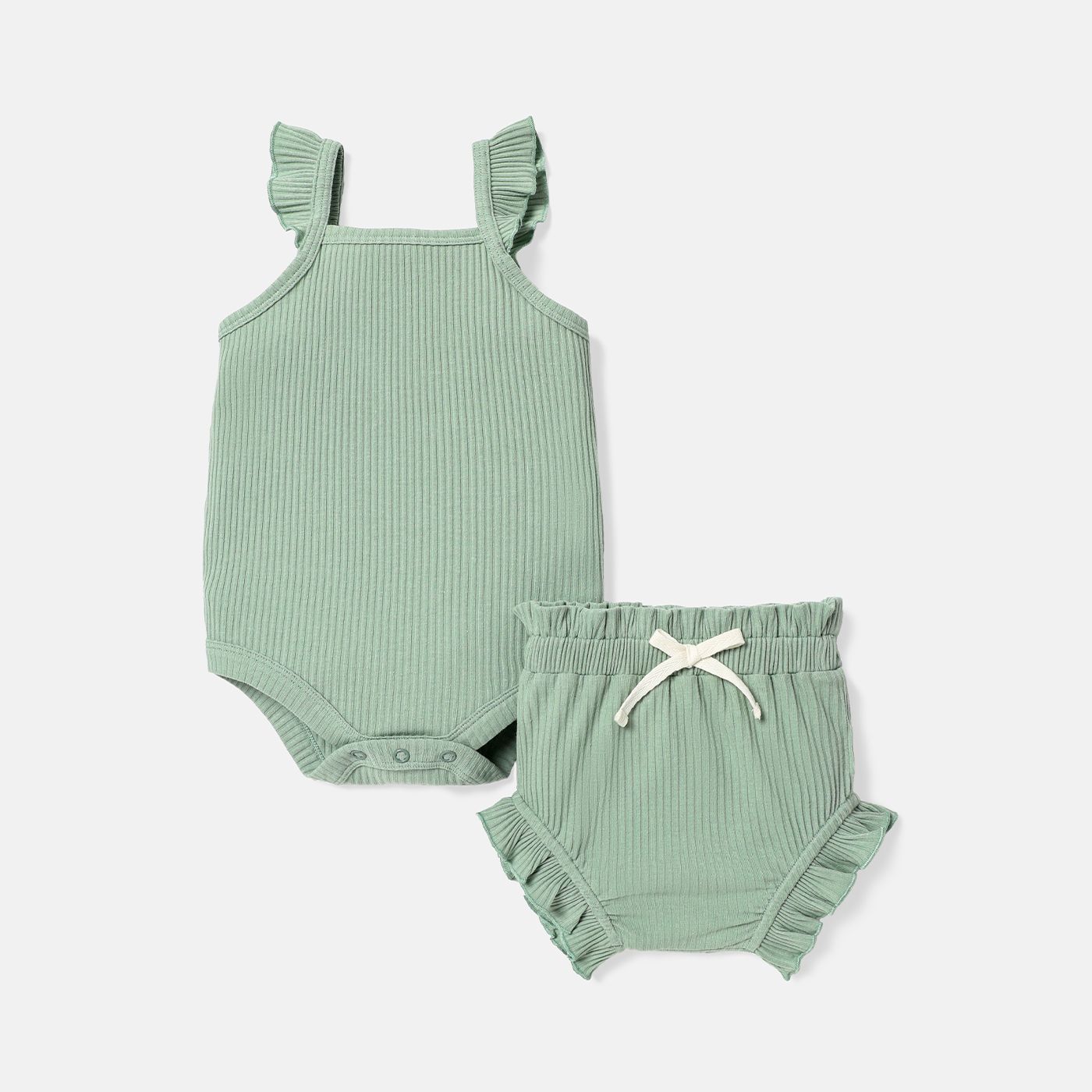 

2pcs Baby Girl Solid Cotton Ribbed Flutter-sleeve Romper and Ruffle Trim Shorts Set