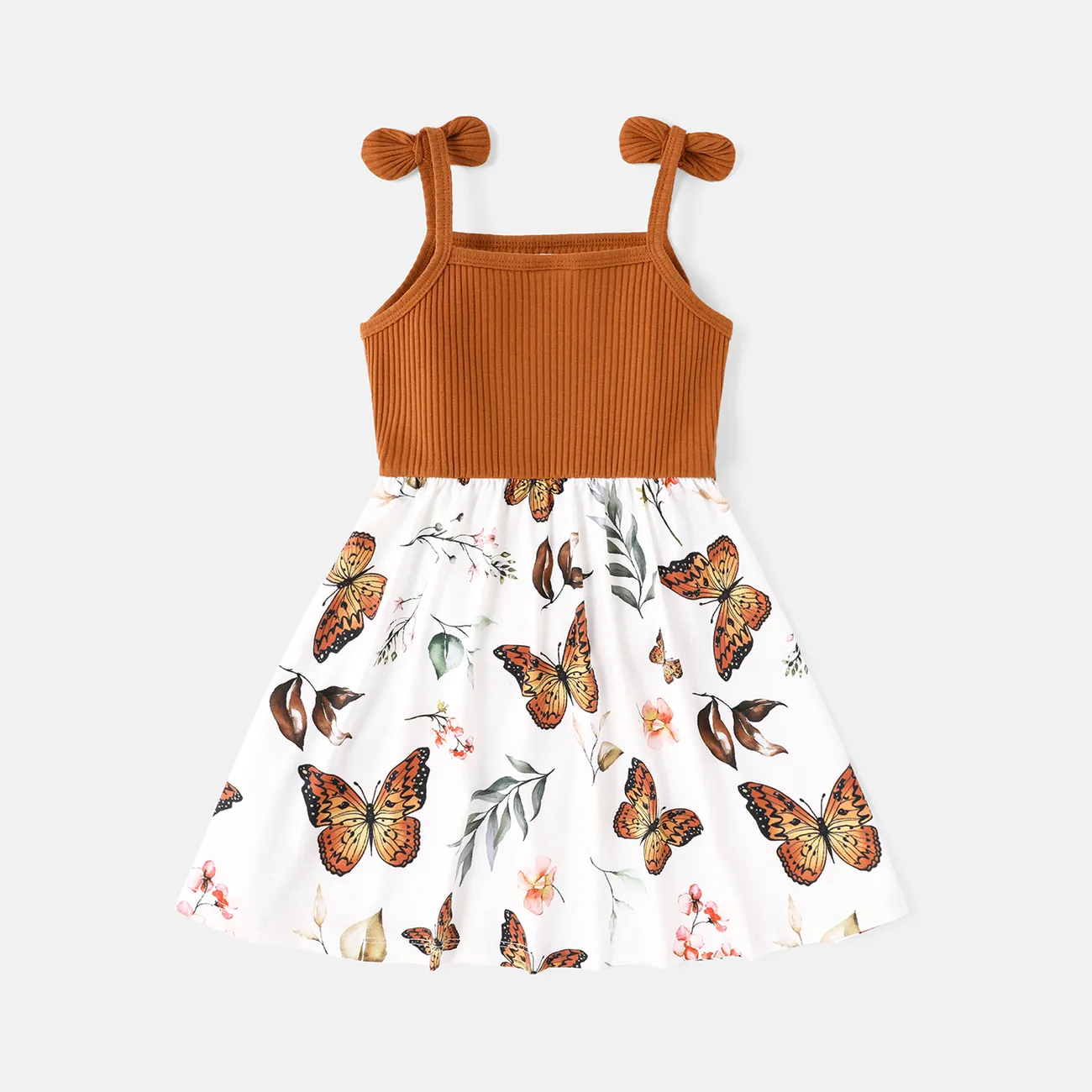 Naia Toddler Girl Butterfly Print Ribbed Splice Bowknot Design Slip Dress Brown big image 1