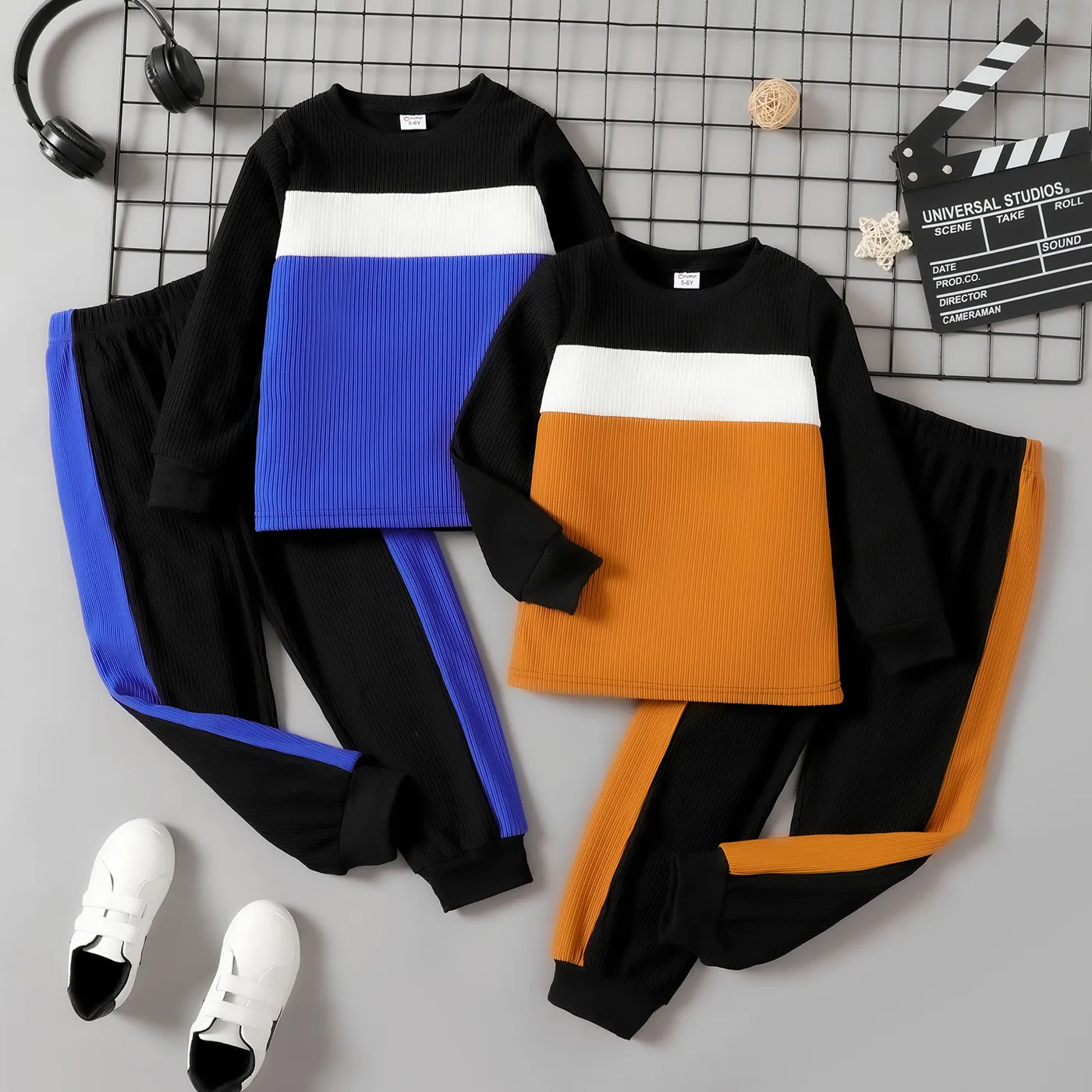 2pcs Kid Boy Colorblock Ribbed Sweatshirt and Elasticized Pants Set  image 2