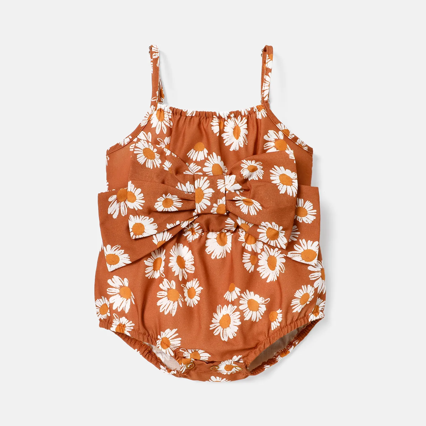 Baby Girl 100% Cotton Solid/Striped or Allover Daisy Floral Print Bow Front Cami Romper Brown