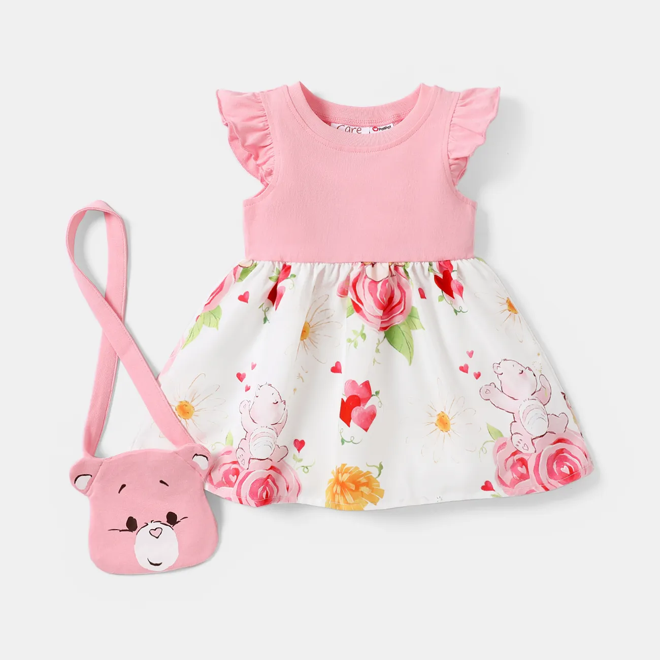 Care Bears 2pcs Baby Girl Solid & Print Spliced Flutter-sleeve Dress with Crossbody Bag Set Pink big image 1