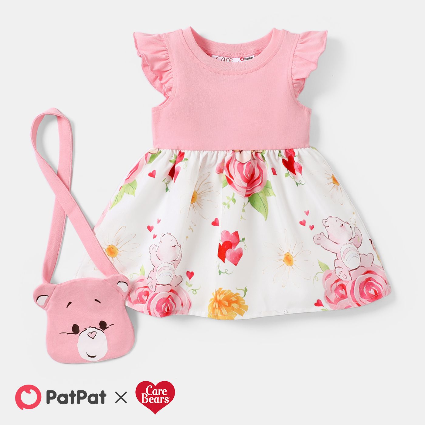 Care Bears 2pcs Baby Girl Solid & Print Spliced Flutter-sleeve Dress With Crossbody Bag Set