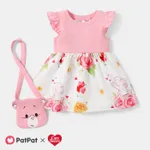 Care Bears 2pcs Baby Girl Solid & Print Spliced Flutter-sleeve Dress with Crossbody Bag Set Pink