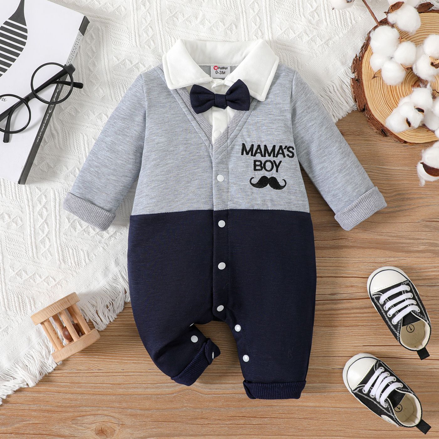 

Baby Boy Mustache & Letter Embroidered Long-sleeve Colorblock Spliced Gentleman Jumpsuit