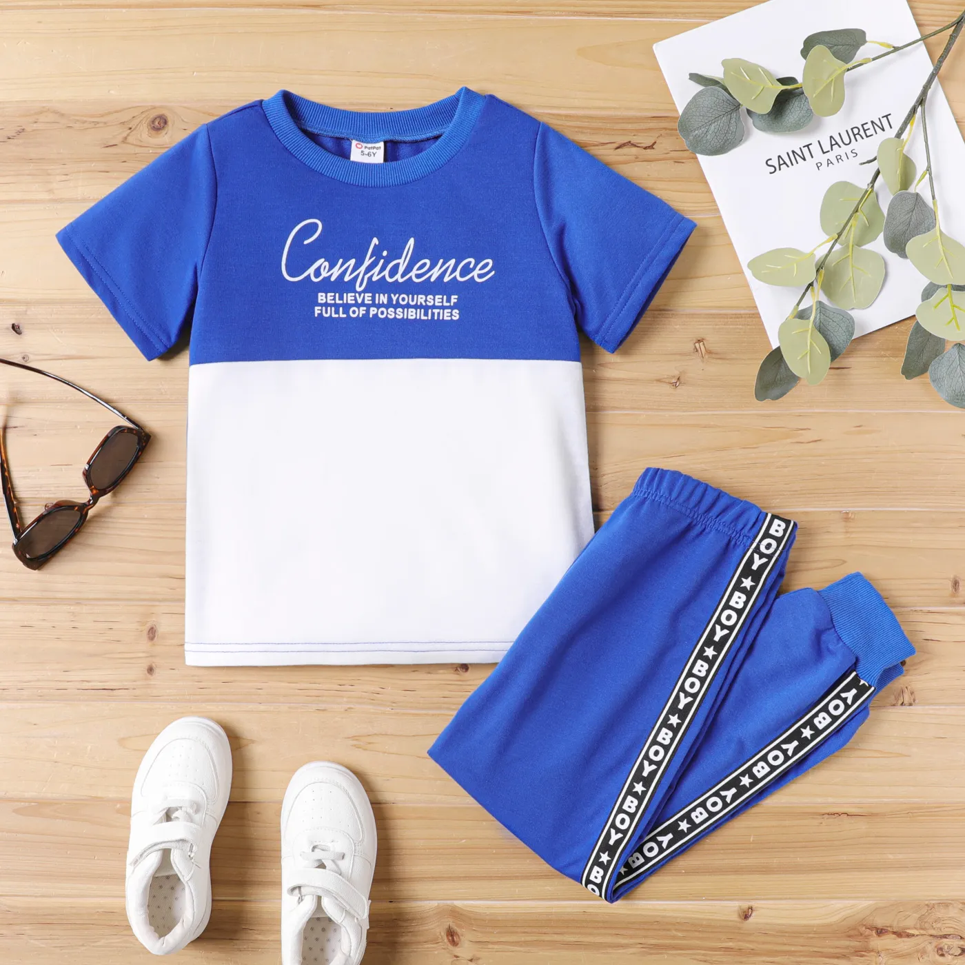 2pcs Kid Boy Letter Print Colorblock Short-sleeve Tee and Elasticized Pants Set Dark Blue/white