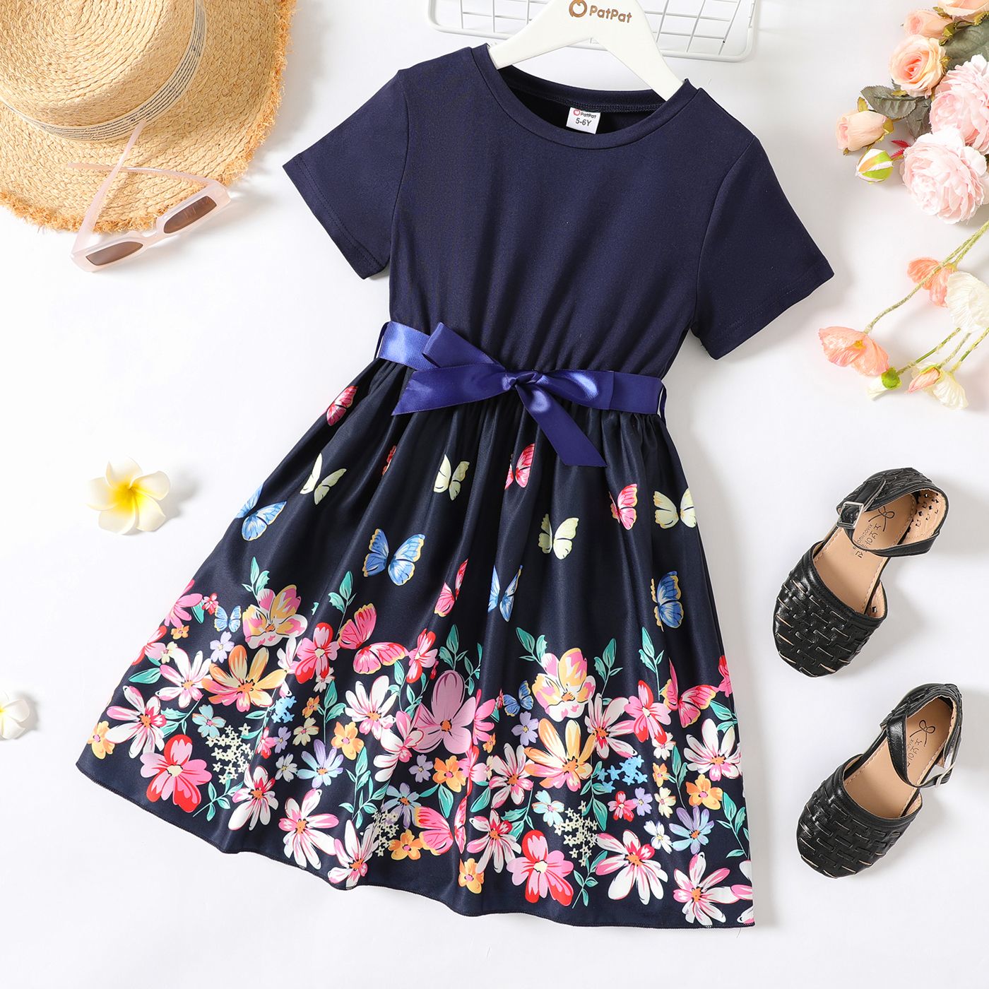 

Kid Girl Floral Print Splice Belted Short-sleeve Dress