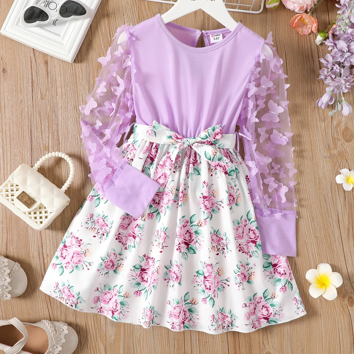 

2pcs Kid Girl 3D Butterfly Design Floral Print Splice Mesh Long-sleeve Dress Belt