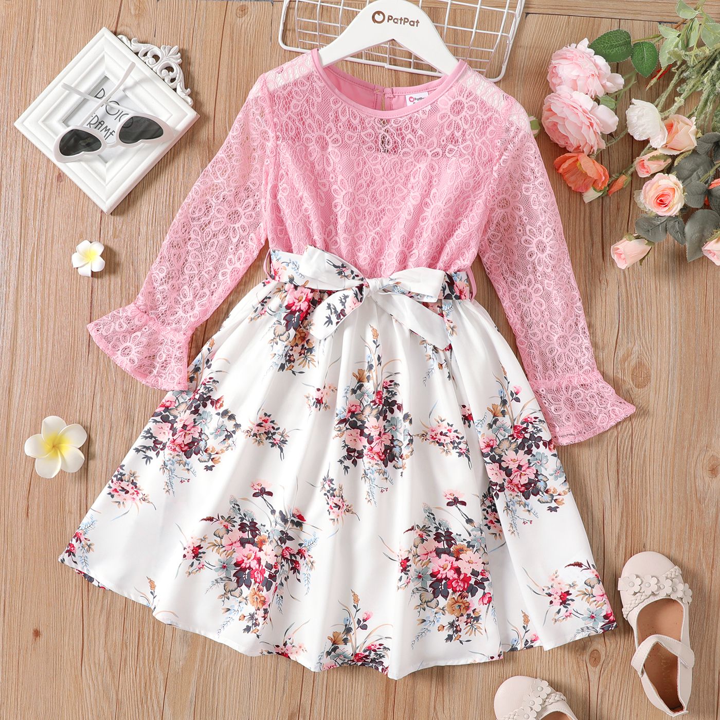 

Kid Girl Lace Floral Print Splice Long-sleeve Belted Dress