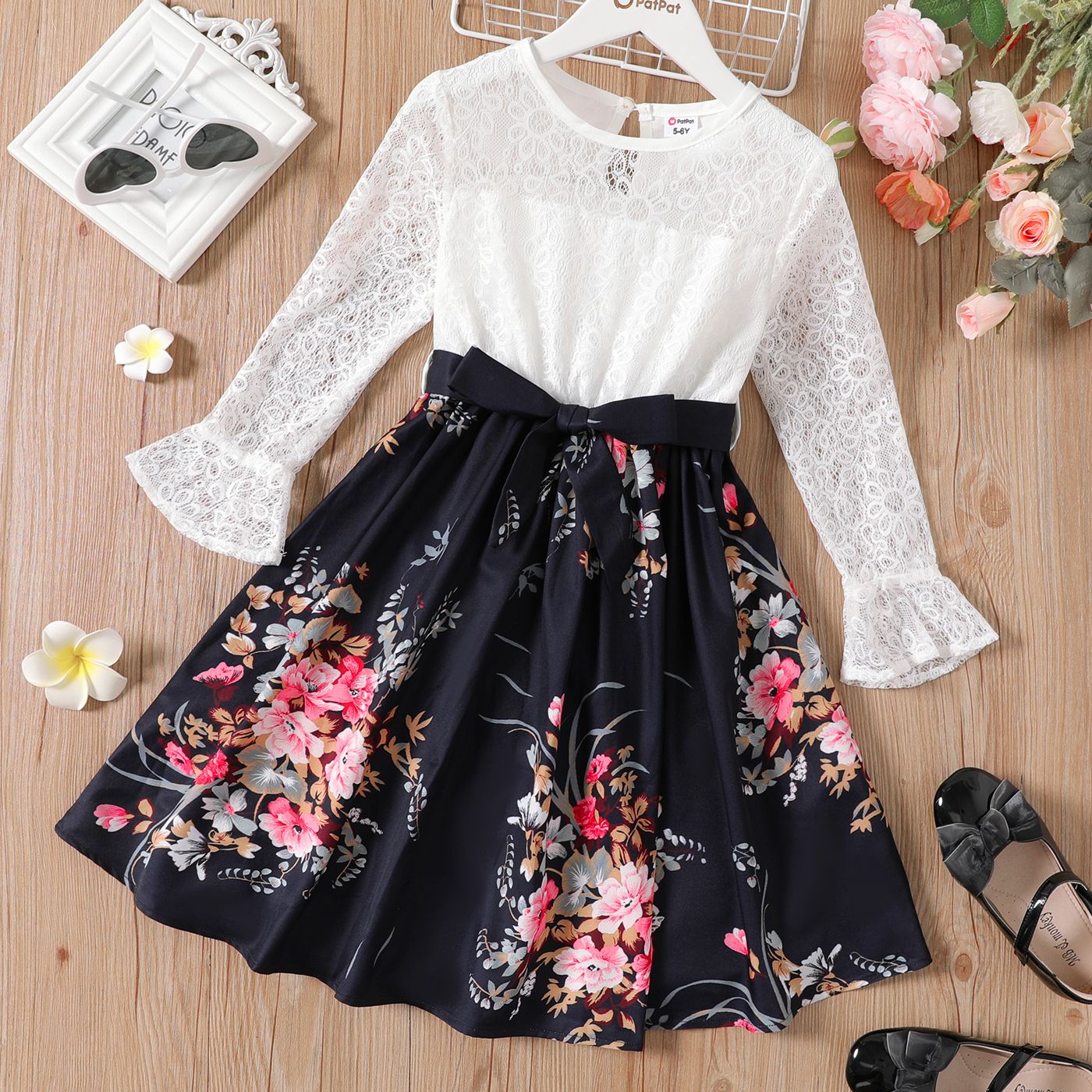 

Kid Girl Lace Floral Print Splice Long-sleeve Belted Dress