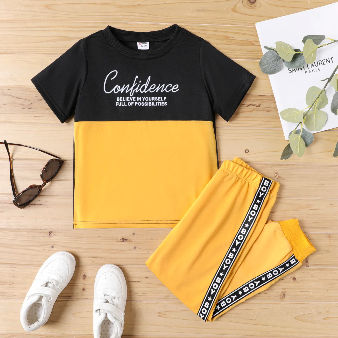 2pcs Kid Boy Letter Print Colorblock Short-sleeve Tee and Elasticized Pants Set Ginger big image 1