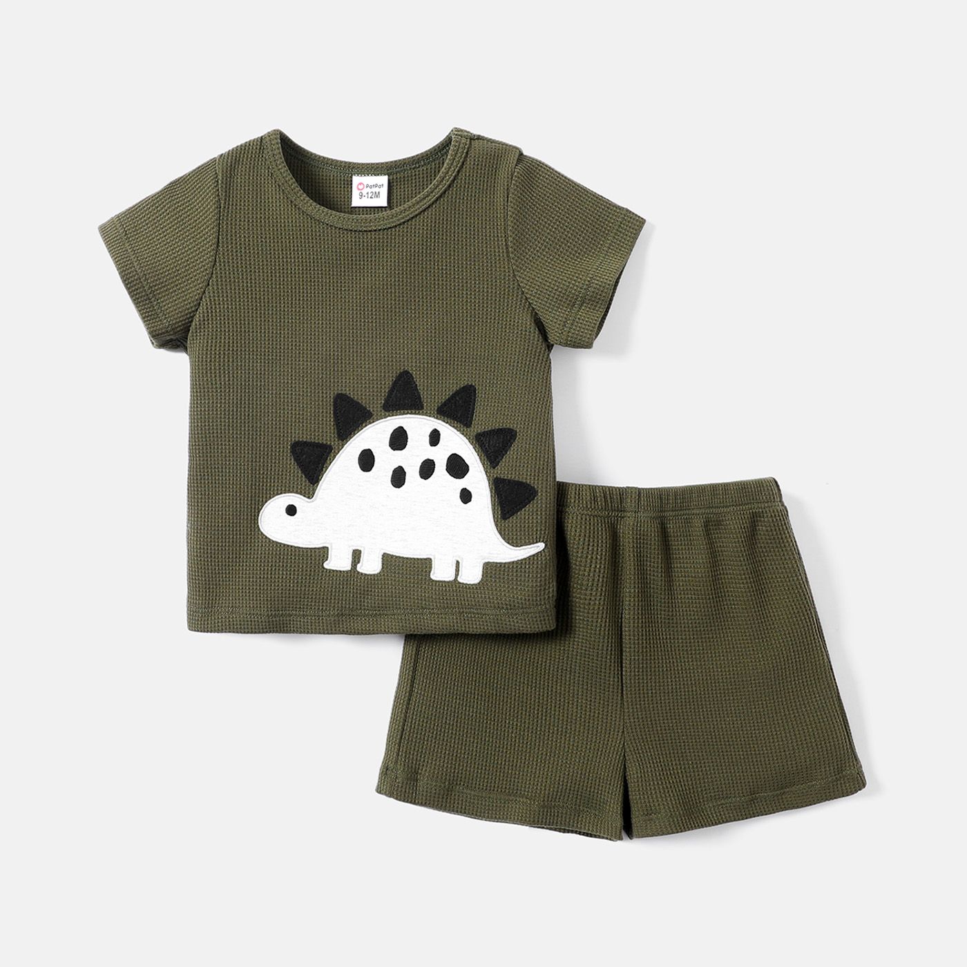 2pcs Baby Boy Dinosaur Embroidered Short-sleeve Waffle Tee & Shorts Set