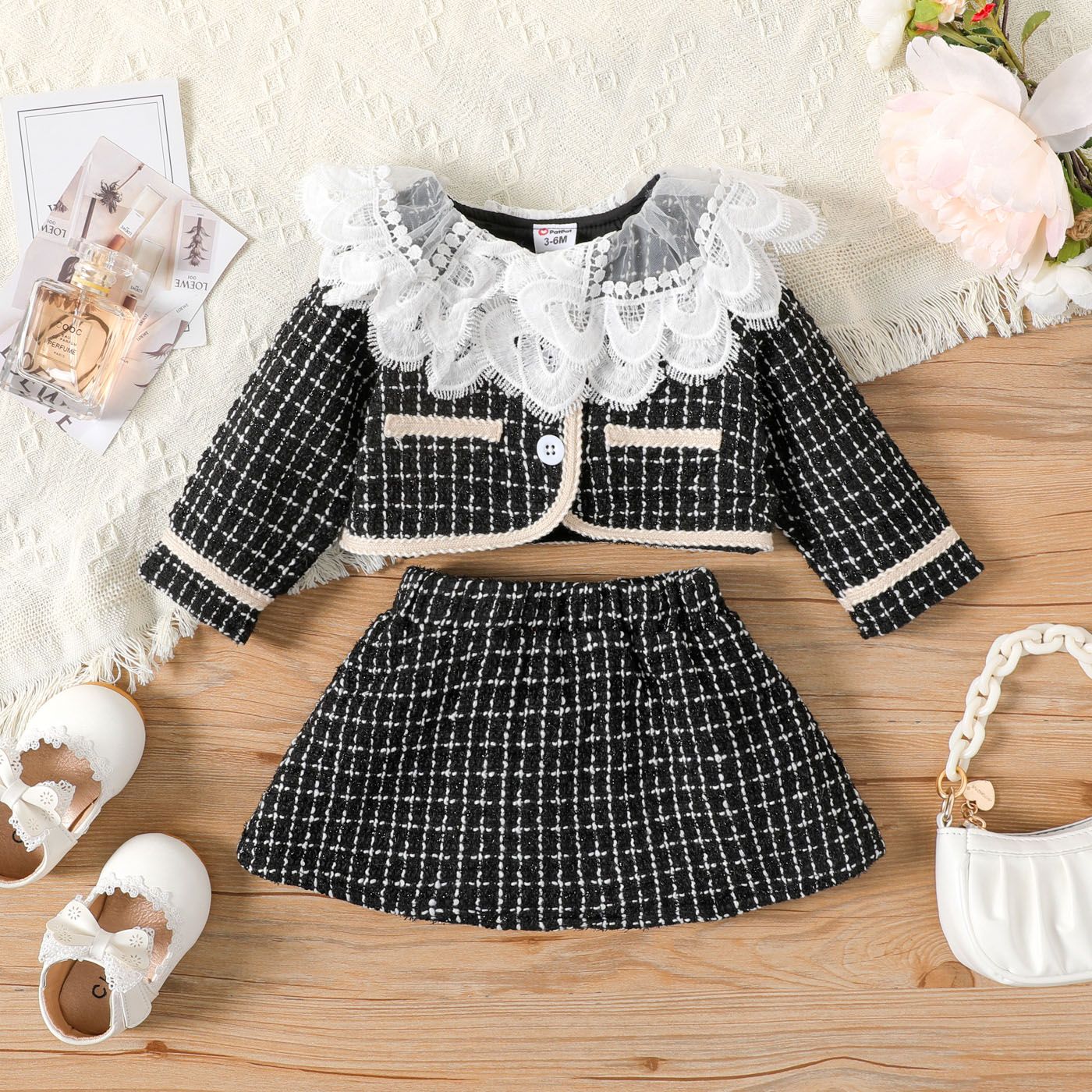 

2pcs Baby Girl Long-sleeve Layered Lace Collar Tweed Textured Crop Jacket & Skirt Set