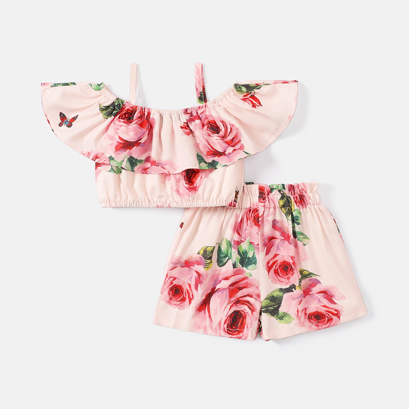 

Baby Girl Allover Floral Print Pink Ruffle Trim Cami Crop Top & Shorts Set or Dress