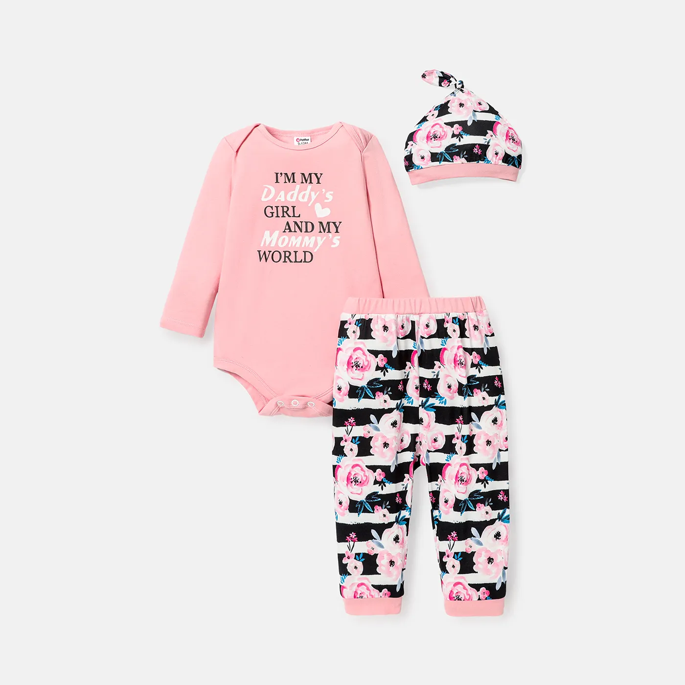 

3pcs Baby Girl Cotton Long-sleeve Letter Graphic Romper and Allover Floral Print Pants with Hat Set