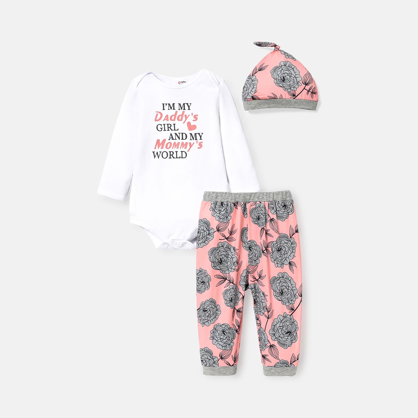 

3pcs Baby Girl Cotton Long-sleeve Letter Graphic Romper and Allover Floral Print Pants with Hat Set