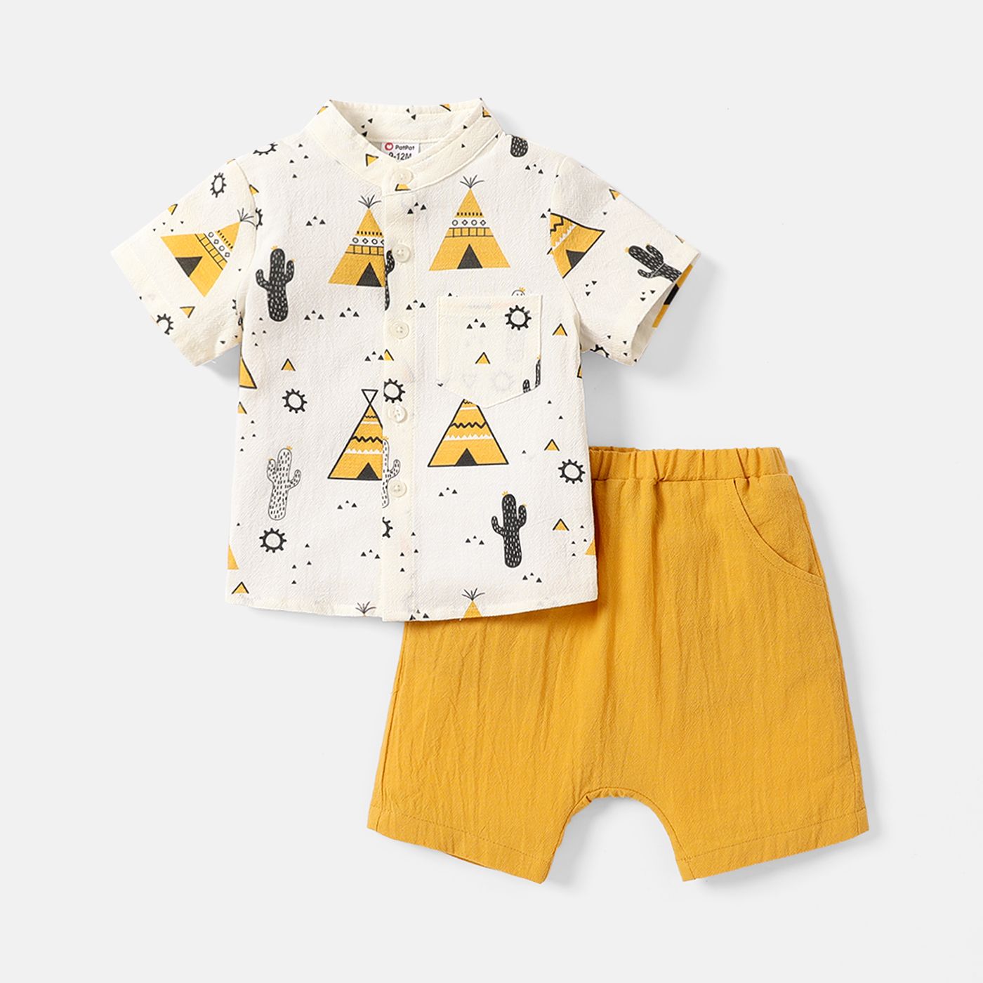 2pcs Baby Boy 100% Cotton Short-sleeve Allover Print Shirt and Solid Shorts Set