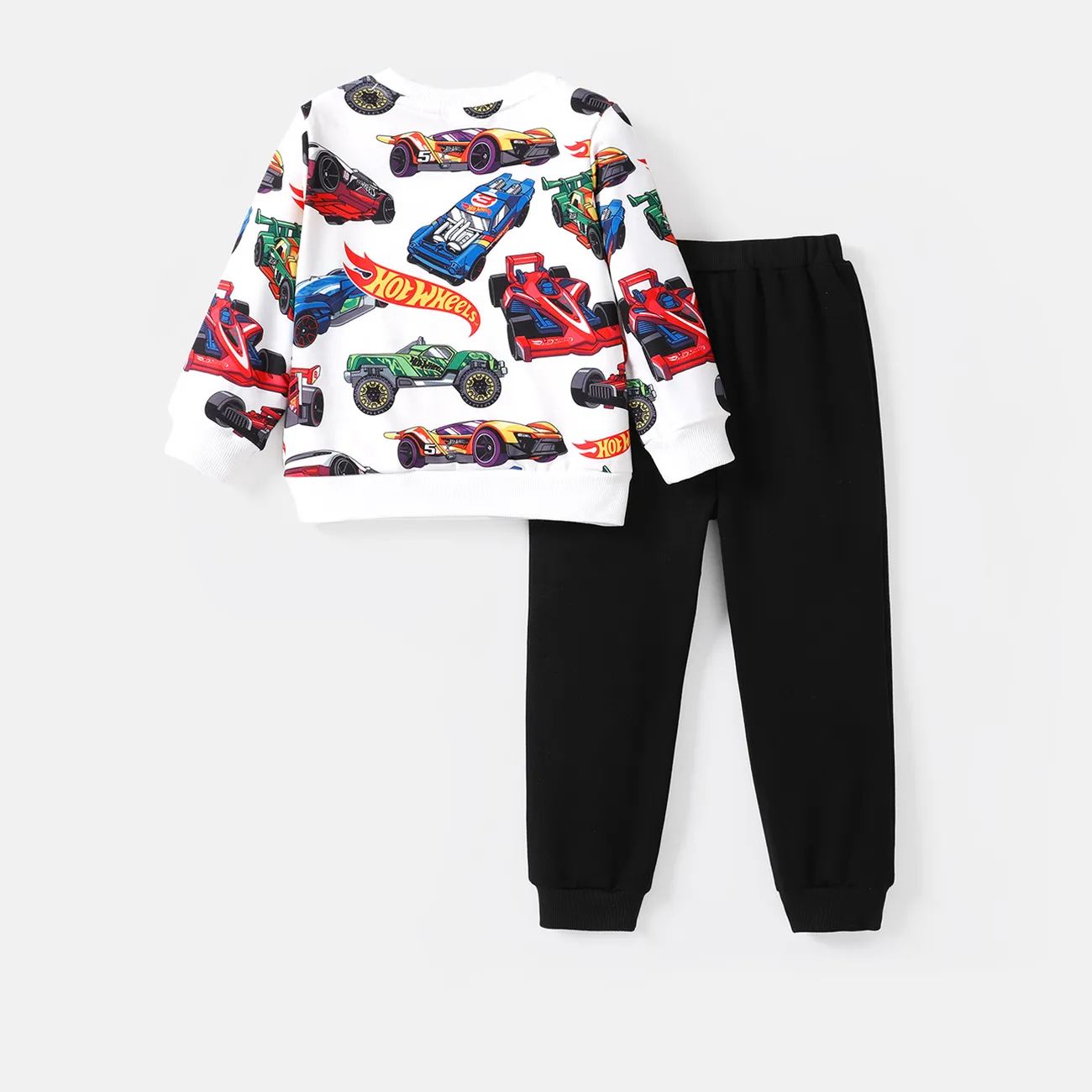 Hot Wheels 2pcs Toddler Boy Vehicle Race Car Print Sweatshirt and Elasticized Cotton Pants Set Black big image 1