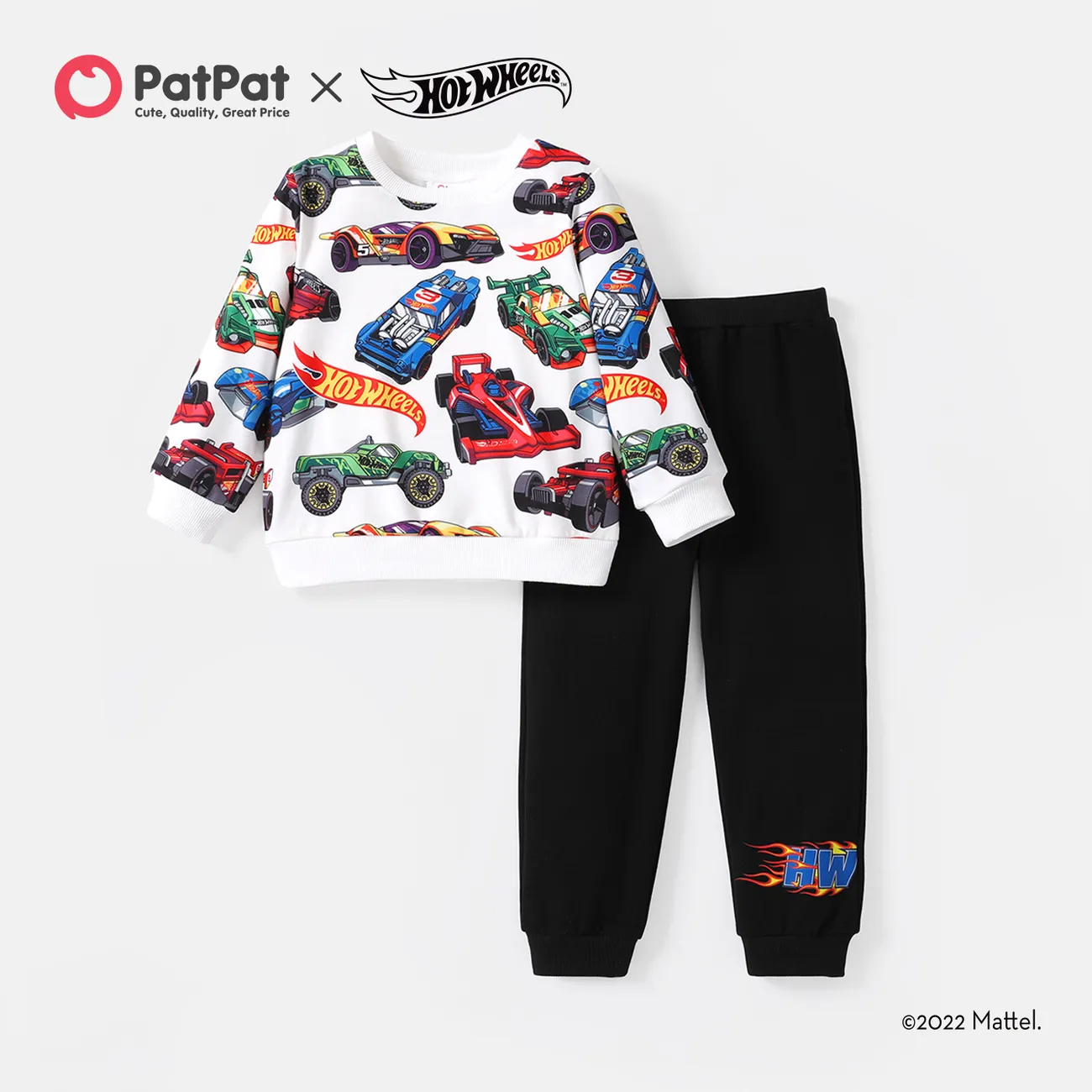 Hot Wheels 2pcs Toddler Boy Vehicle Race Car Print Sweatshirt and Elasticized Cotton Pants Set  big image 1