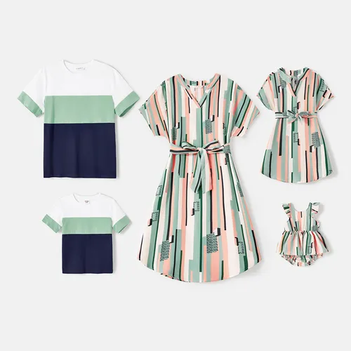 Family Matching 95% Cotton Colorblock T-shirts and Allover Geo Print V Neck Short-sleeve Belted Dresses Sets