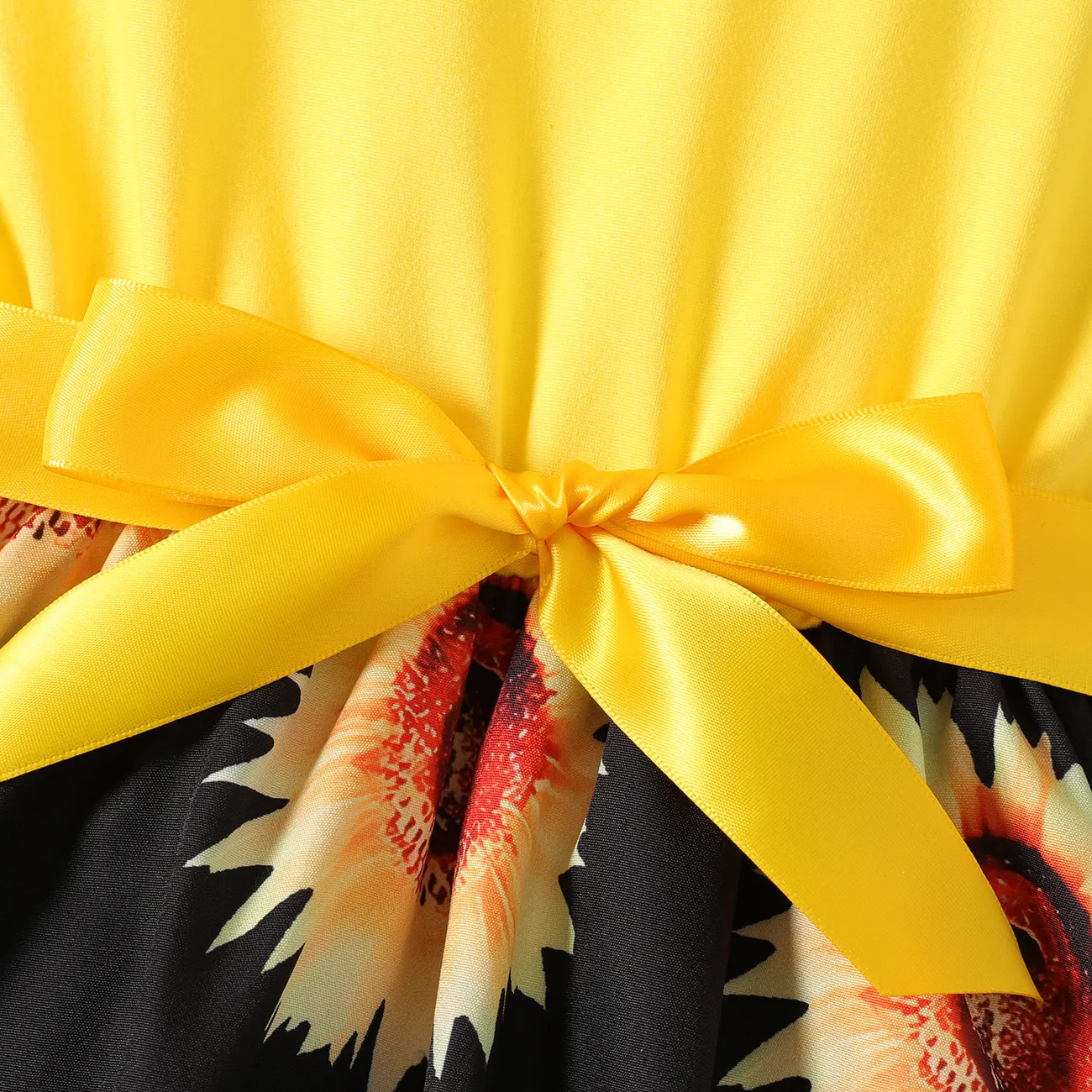 Kid Girl Floral Print Splice Belted Flutter-sleeve Dress Yellow big image 1