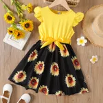 Kid Girl Floral Print Splice Belted Flutter-sleeve Dress Yellow