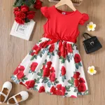 Kid Girl Floral Print Splice Belted Flutter-sleeve Dress Red