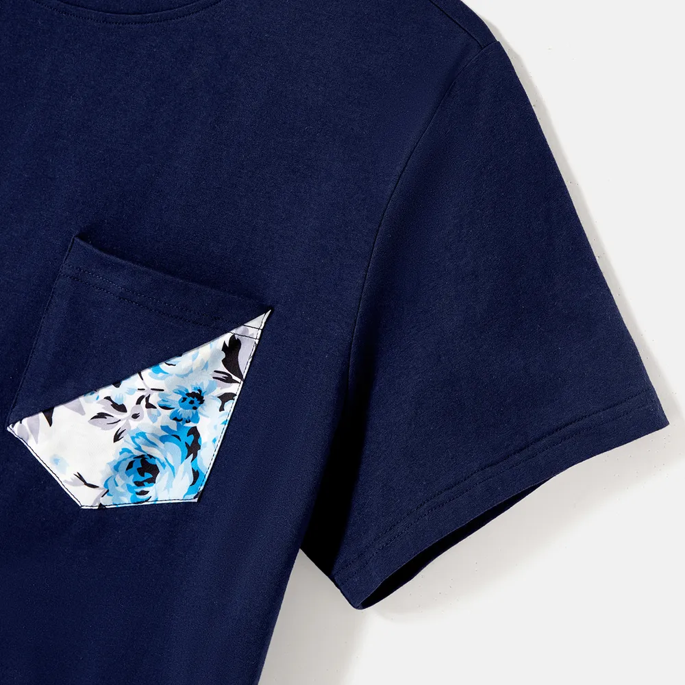Family Matching 95% Cotton Dark Blue Short-sleeve T-shirts and Floral Print Spliced Dresses Sets big image 18