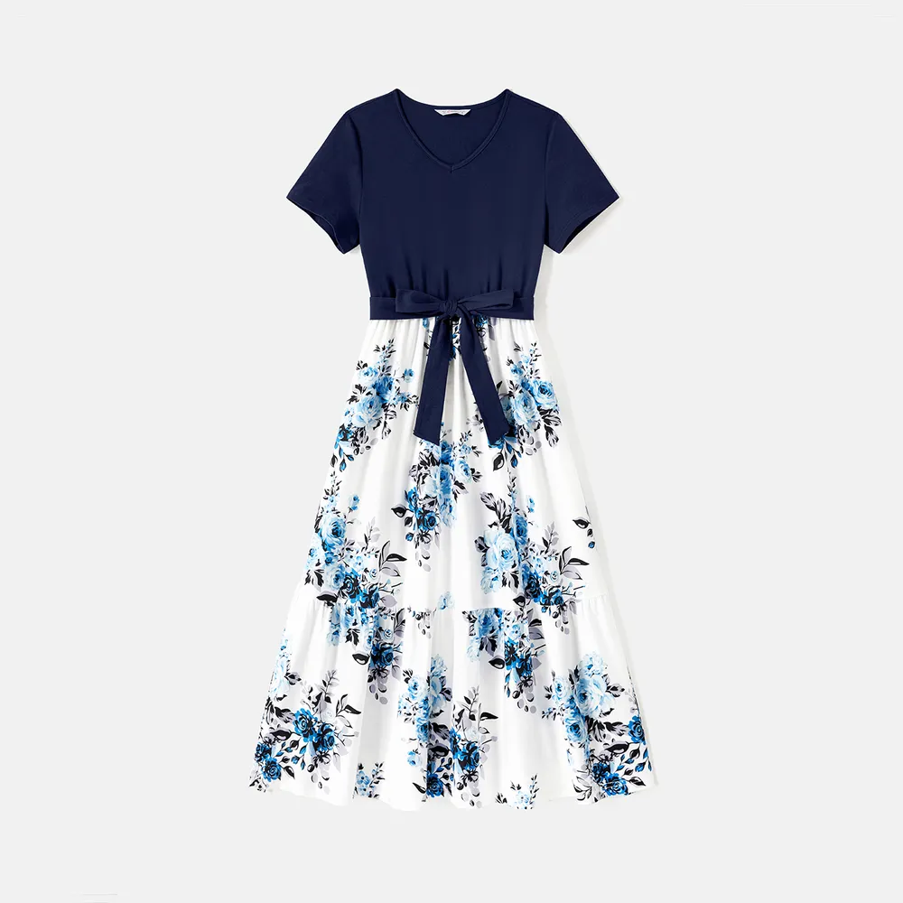 Family Matching 95% Cotton Dark Blue Short-sleeve T-shirts and Floral Print Spliced Dresses Sets  big image 6