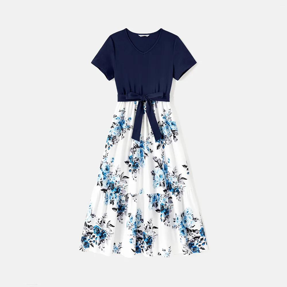 Family Matching 95% Cotton Dark Blue Short-sleeve T-shirts and Floral Print Spliced Dresses Sets big image 6