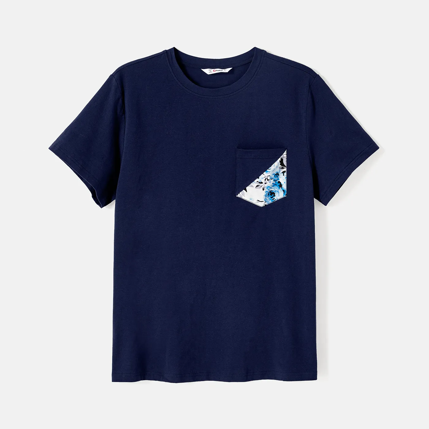 Family Matching 95% Cotton Dark Blue Short-sleeve T-shirts and Floral Print Spliced Dresses Sets  big image 7
