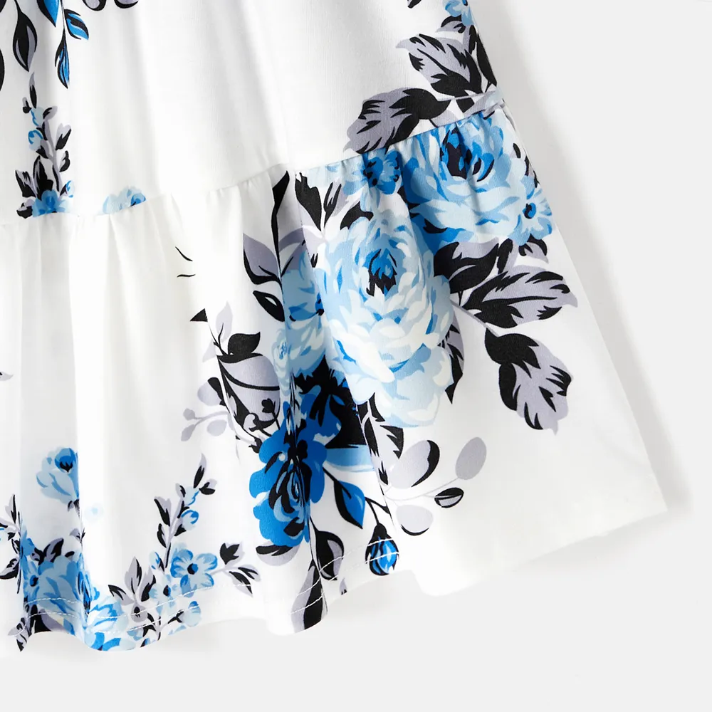 Family Matching 95% Cotton Dark Blue Short-sleeve T-shirts and Floral Print Spliced Dresses Sets big image 13