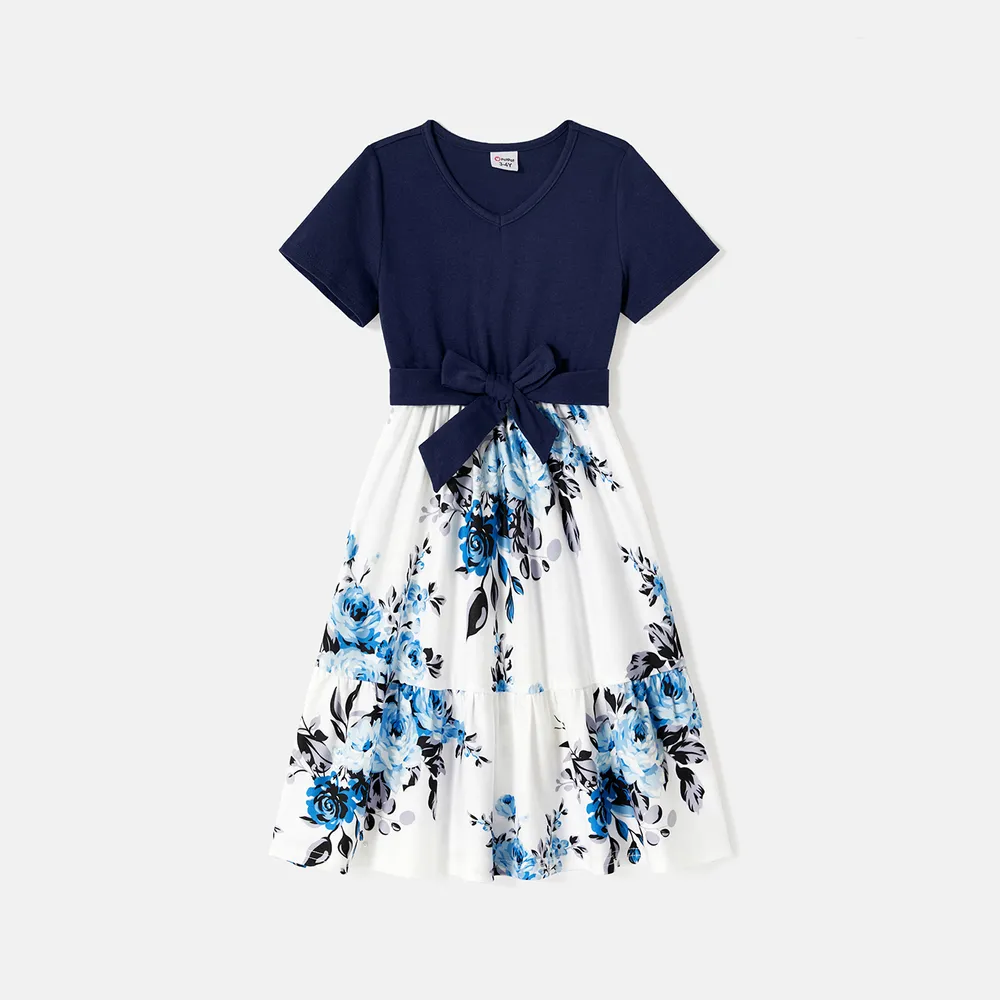 Family Matching 95% Cotton Dark Blue Short-sleeve T-shirts and Floral Print Spliced Dresses Sets  big image 8