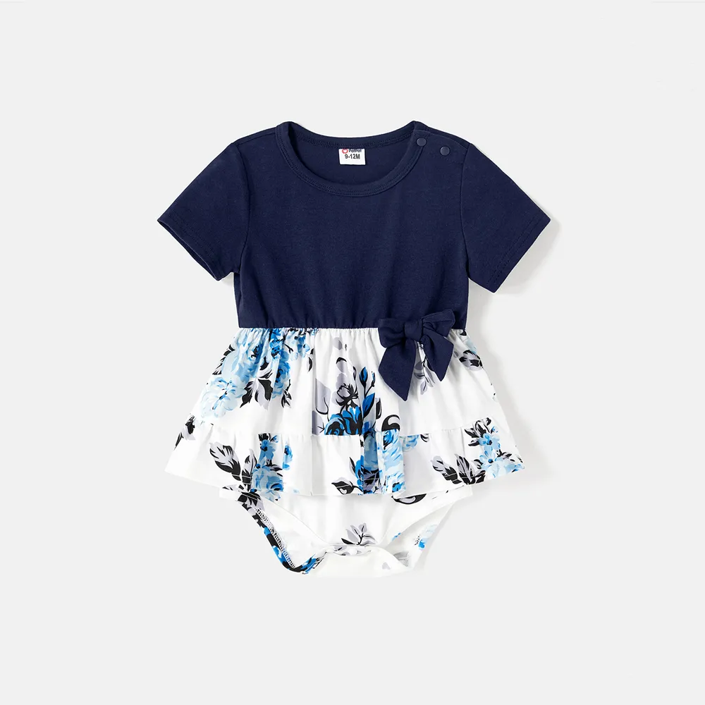 Family Matching 95% Cotton Dark Blue Short-sleeve T-shirts and Floral Print Spliced Dresses Sets  big image 2