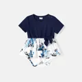 Family Matching 95% Cotton Dark Blue Short-sleeve T-shirts and Floral Print Spliced Dresses Sets  image 2