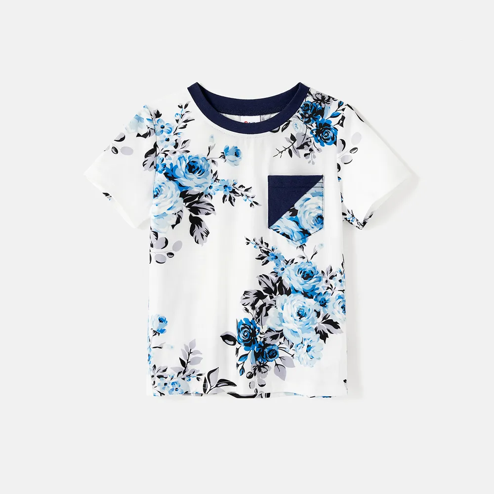 Family Matching 95% Cotton Dark Blue Short-sleeve T-shirts and Floral Print Spliced Dresses Sets big image 9